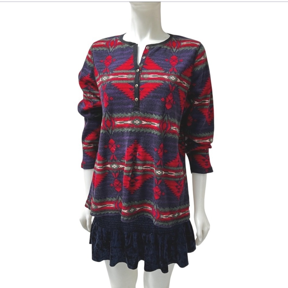 Chaps Denim Womens 1X Southwestern Aztec Thermal Henley Shirt Purple Red Cotton - Picture 9 of 14